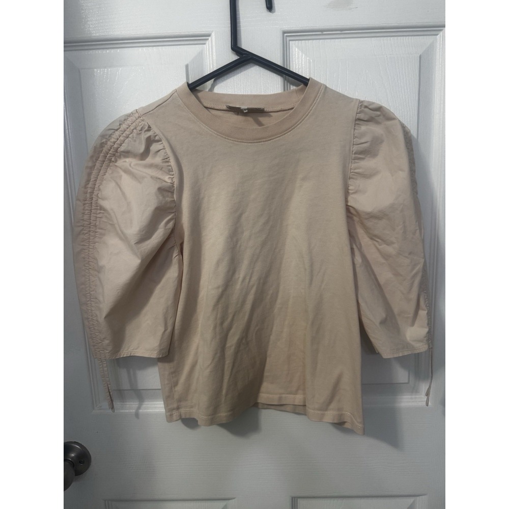 FRAME Women's pink Mixed Media Puff Sleeve Ruched Drawstring Top Size S/P